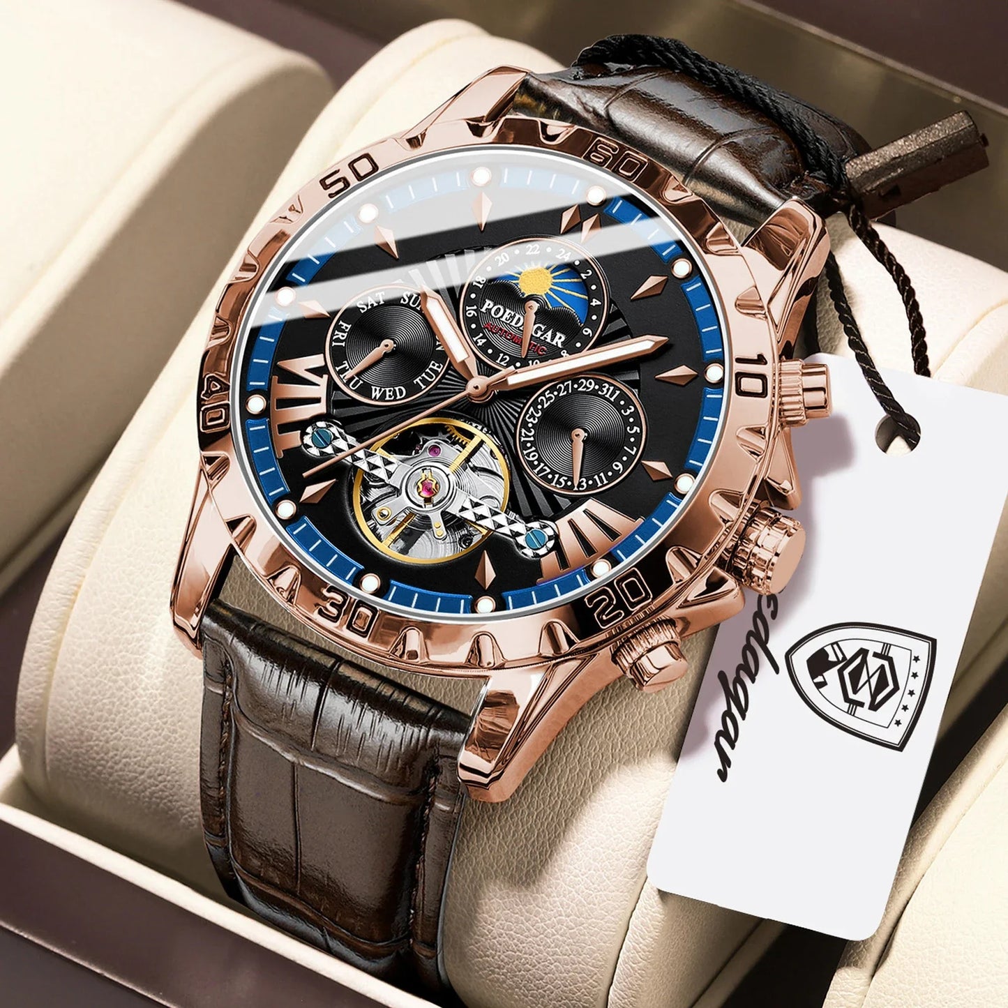 Luxury Automatic Male Watch Date Week Luminous Waterproof Tourbillon Men Watch Leather Fashion Mechanical Men's Watches