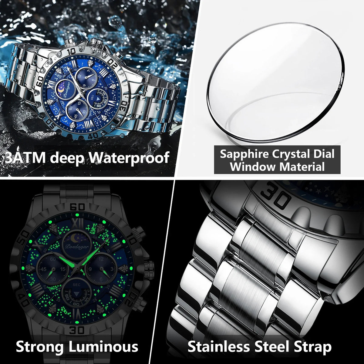 Top Luxury Man Wristwatch Waterproof Luminous Chronograph Men's Quartz Watch Stainless Steel Casual Sports Men Watches