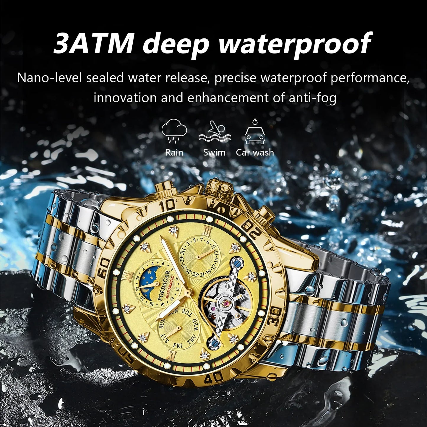 Luxury Automatic Mechanical Watch Tourbillon Waterproof Luminous Date Week Men Wristwatch Stainless Steel Men's Watches