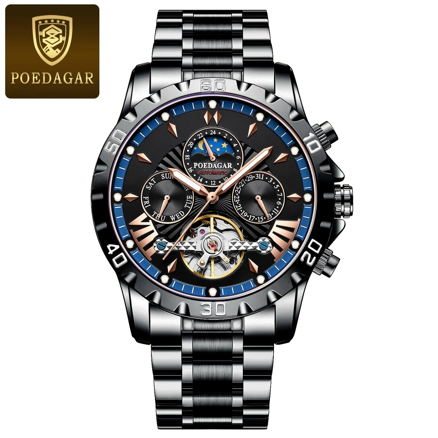 Luxury Automatic Mechanical Watch Tourbillon Waterproof Luminous Date Week Men Wristwatch Stainless Steel Men's Watches
