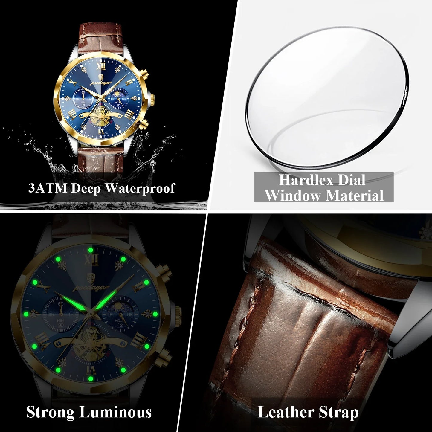 Luxury Brand Men Watch Waterproof Luminous Chronograph Leather Man Watches Fashion Sports Quartz Men's Wristwatch Reloj